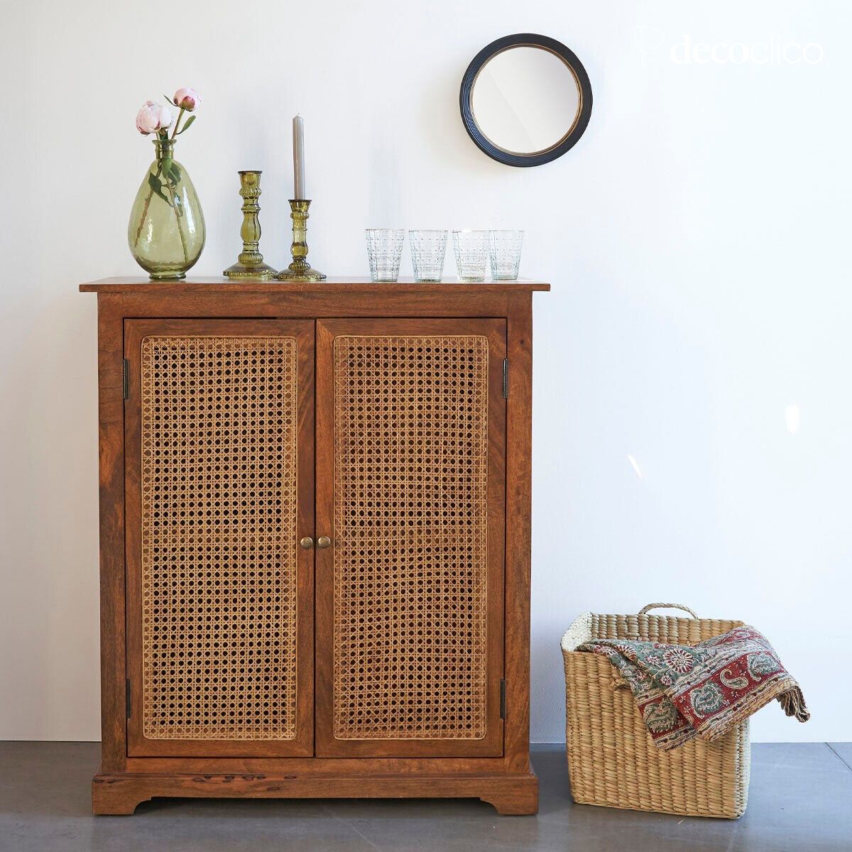 Mango wood sideboard with 2-door rattan frame Georges