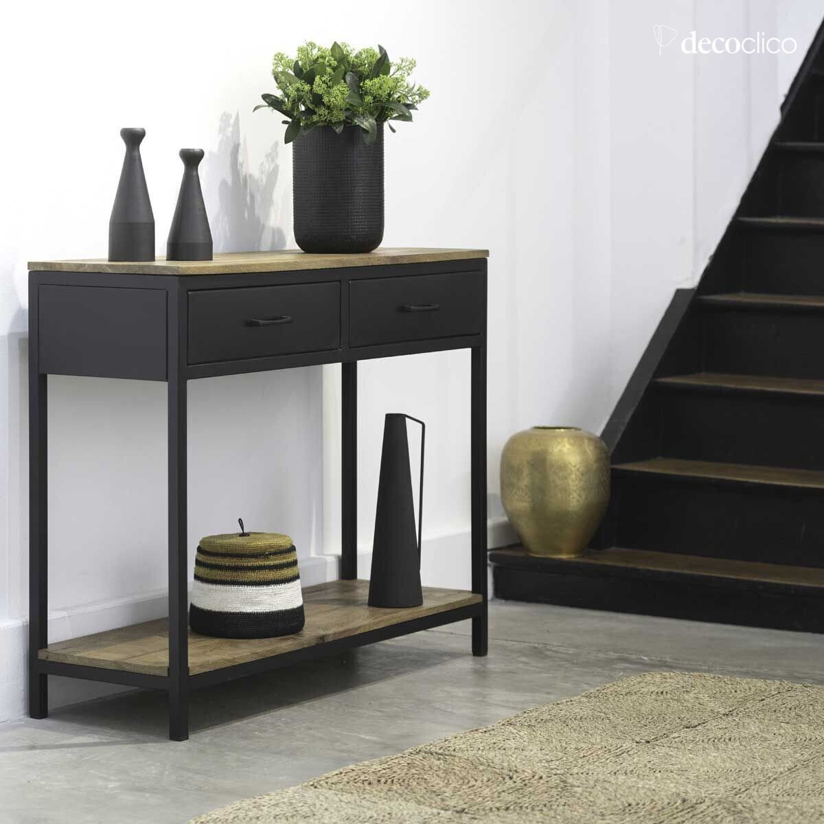 Matt black metal console with mango wood tops and 2 drawers Brooke