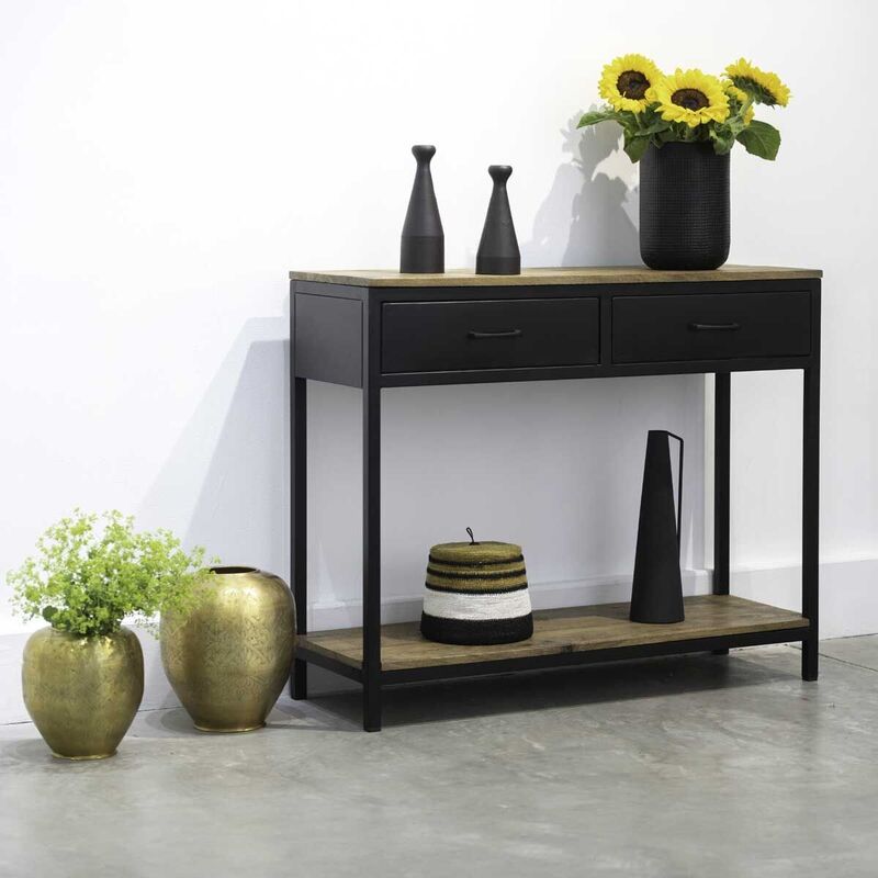 Matt black metal console with mango wood tops and 2 drawers Brooke