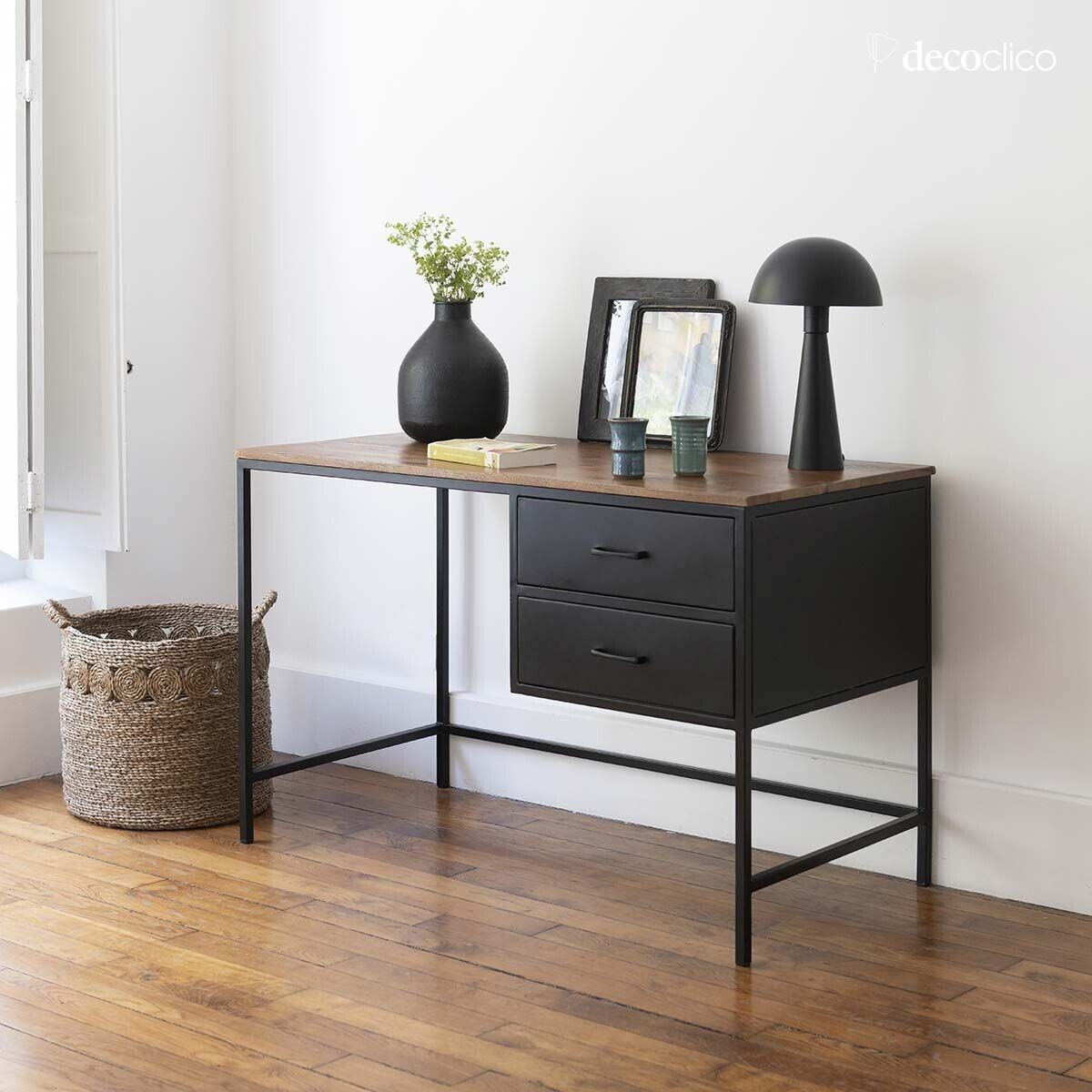 Matt black metal desk and mango wood top with 2 drawers Brooke