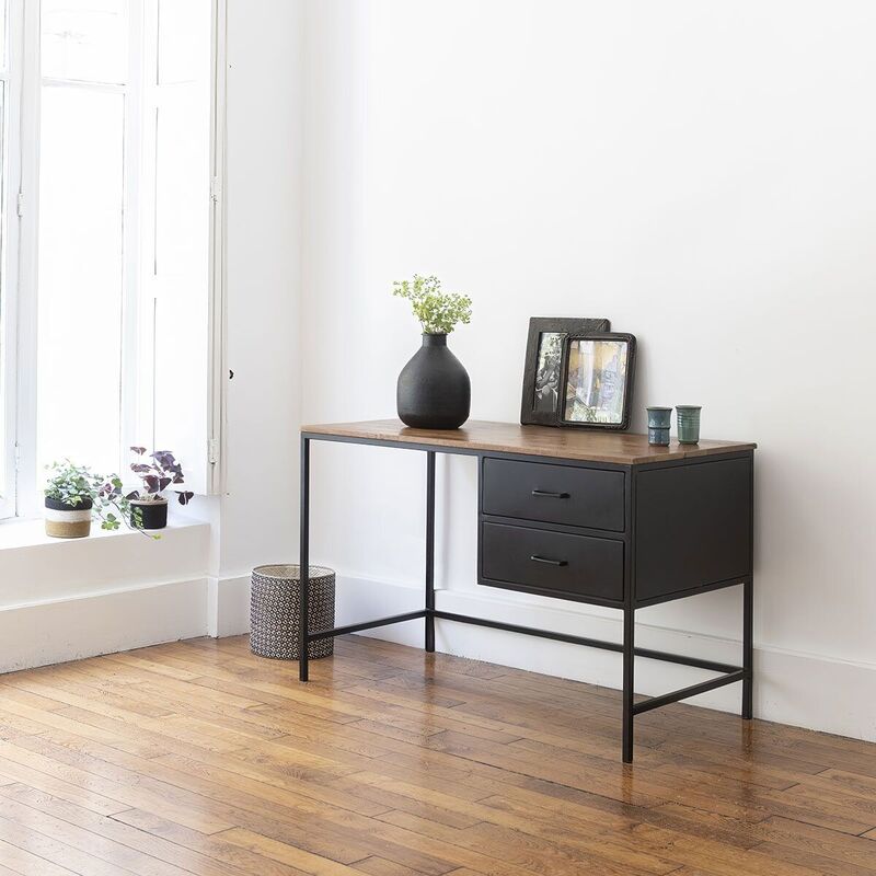 Matt black metal desk and mango wood top with 2 drawers Brooke