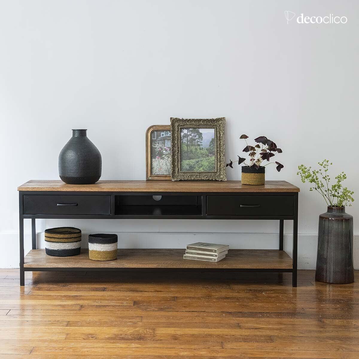 Matt black metal TV stand with mango wood, 2 drawers, 1 niche Brooke