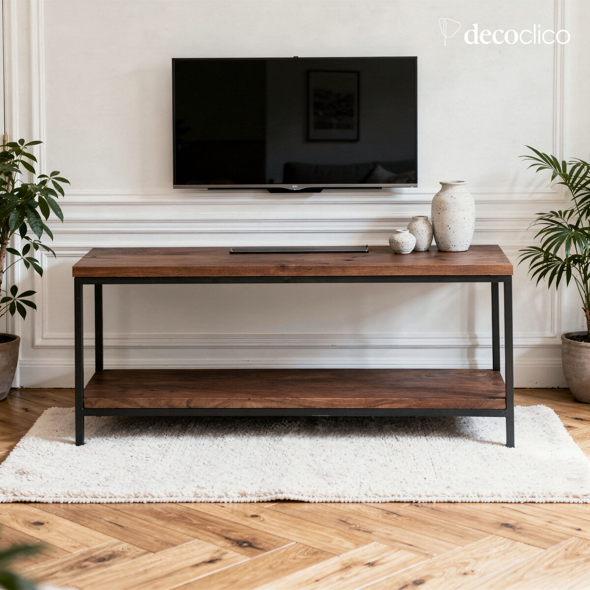 Meuble TV double plateau en manguier et métal noir Brooke