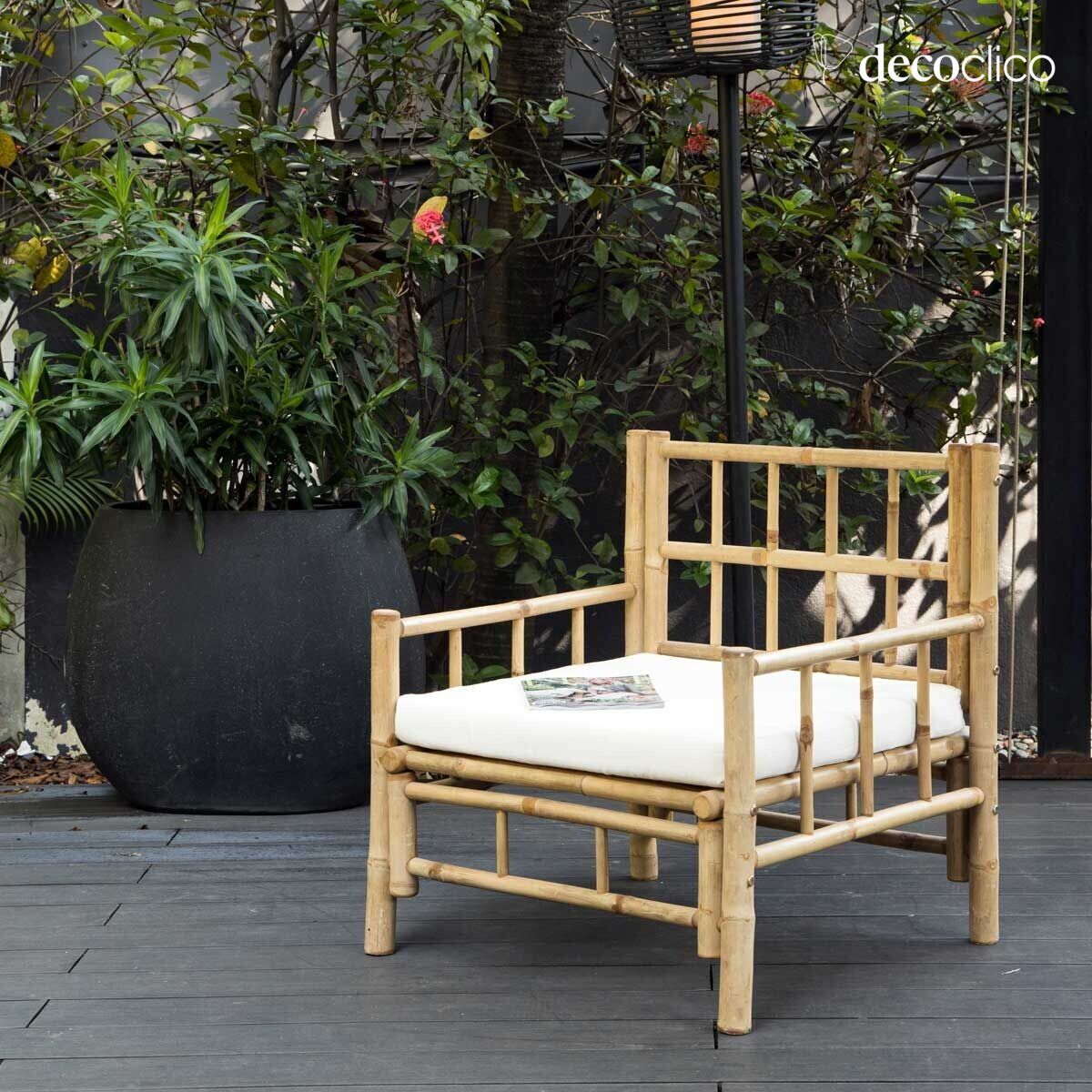 Natural bamboo garden chair with ecru canvas cotton cushion Taman