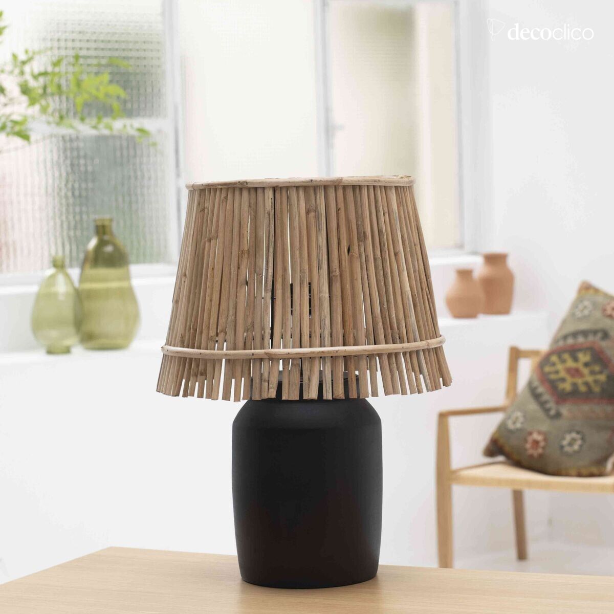 Natural rattan lampshade and white metal frame