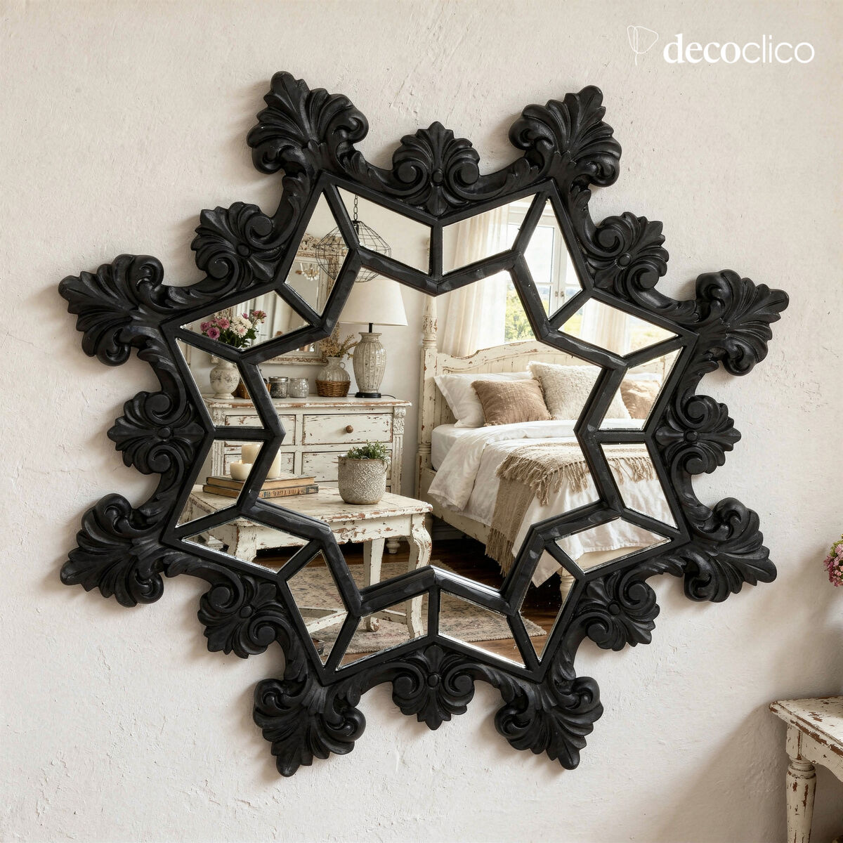 Octagonal baroque mirror in the shape of a matt black snowflake