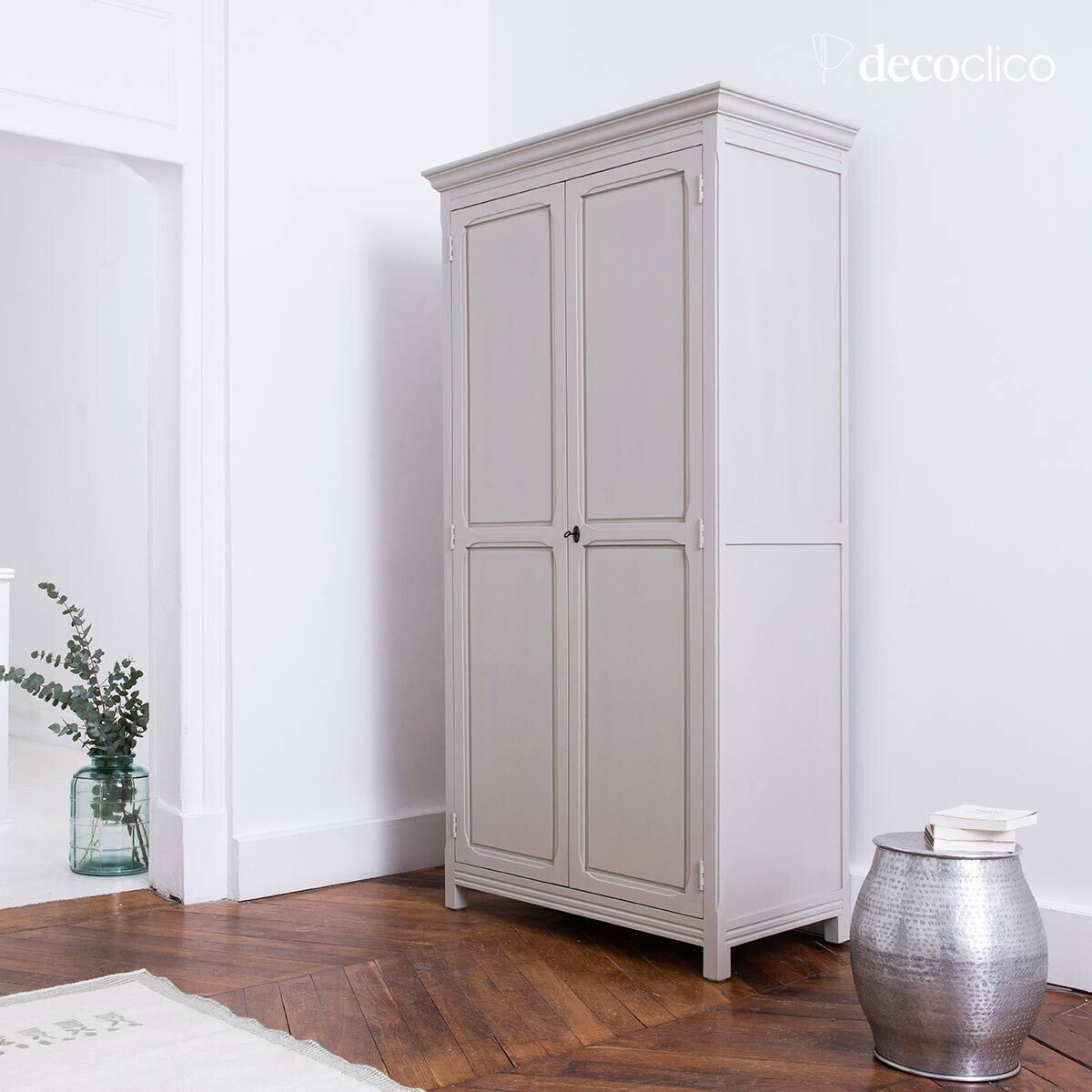 Parisian wardrobe, light gray, 2 doors, shelves Léandre