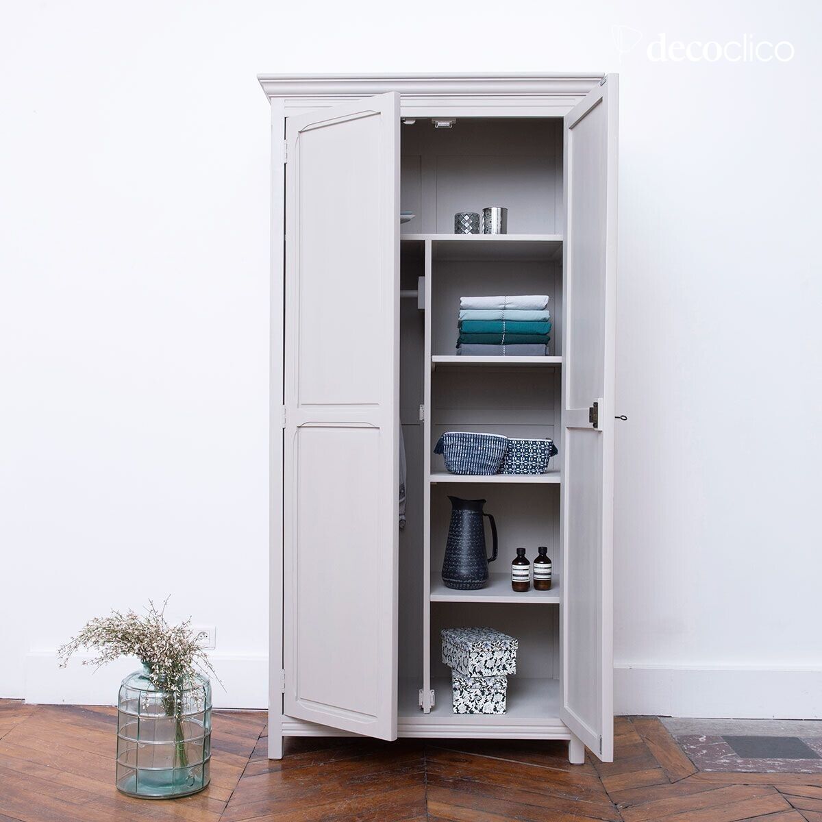 Parisian wardrobe, light gray, 2 doors, shelves Léandre