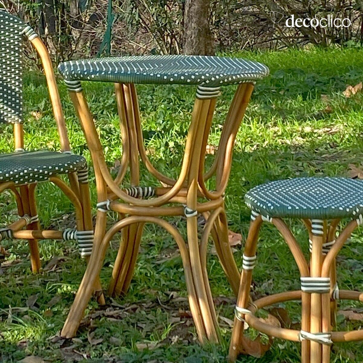 Rattan and woven resin bistro table, green and white Belleville