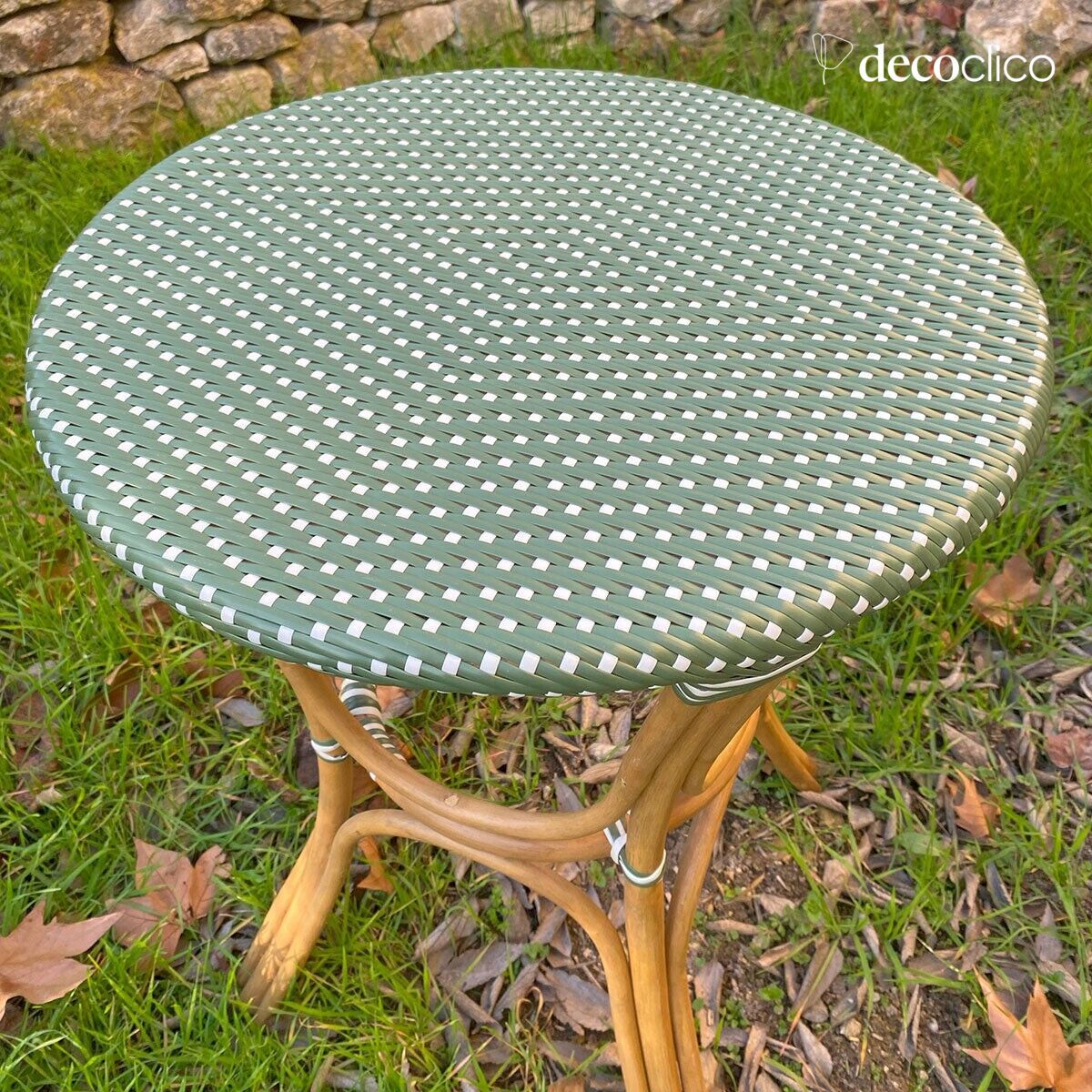 Rattan and woven resin bistro table, green and white Belleville