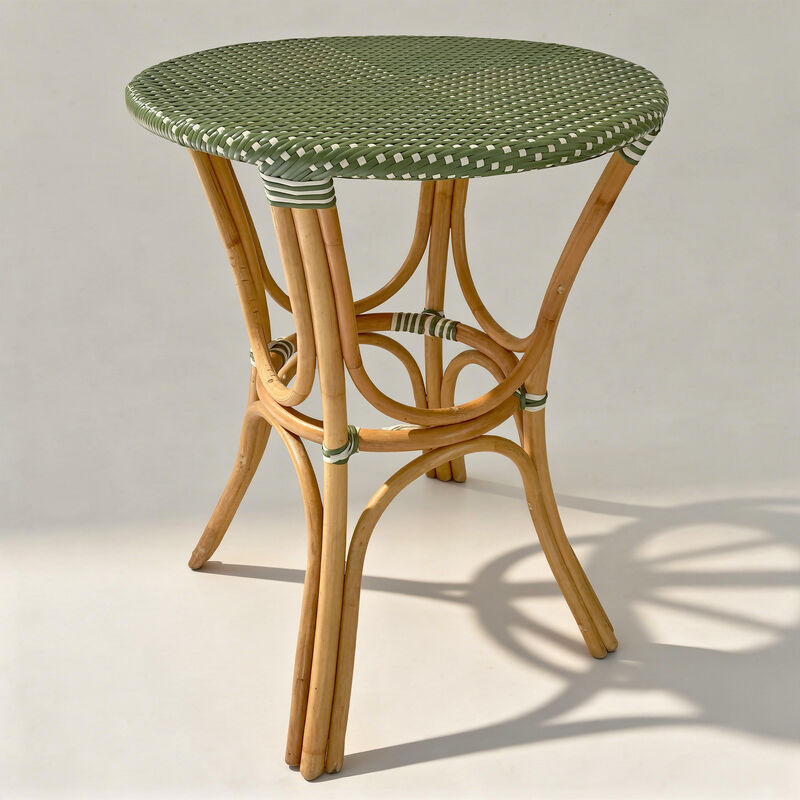 Rattan and woven resin bistro table, green and white Belleville
