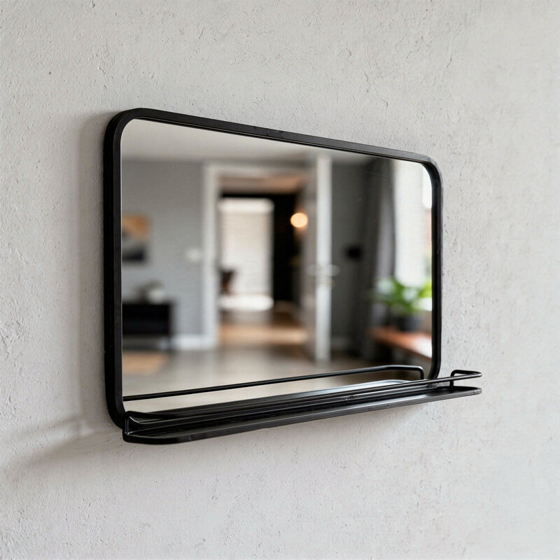 Rectangular black metal mirror with shelf 60 x 35 cm Bricklane