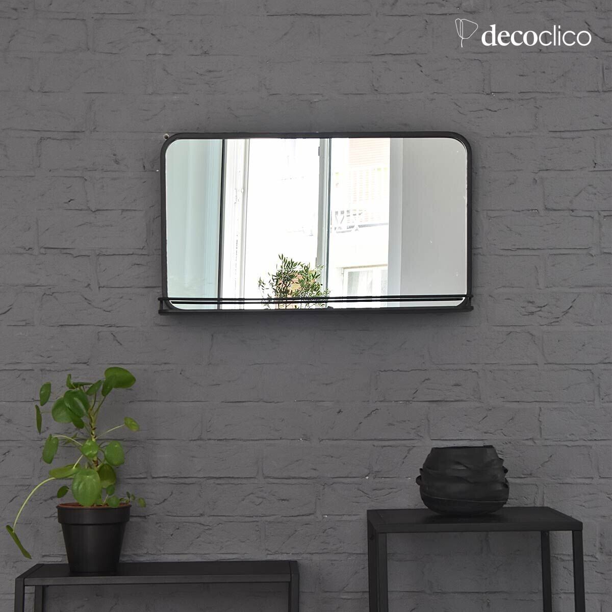 Rectangular black metal mirror with shelf 60 x 35 cm  Bricklane