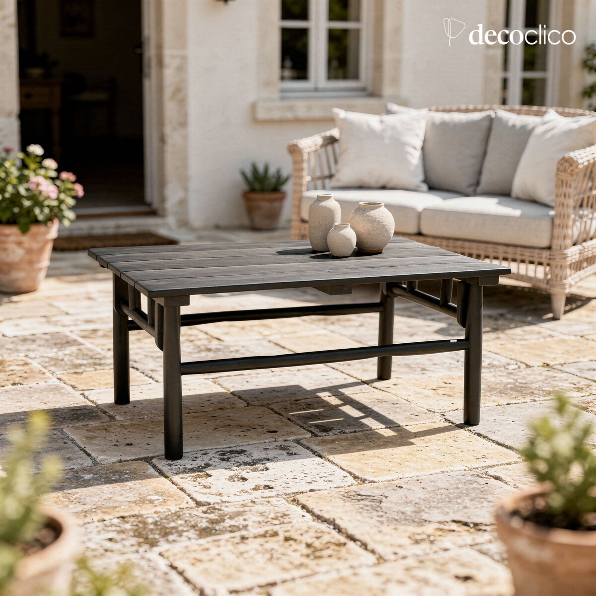 Rectangular coffee table in matt black-stained teak wood Pepper