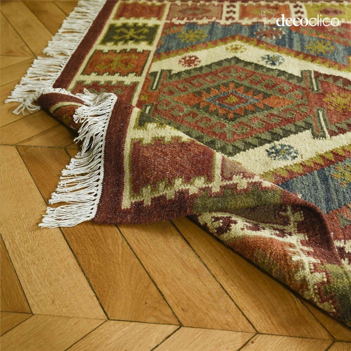 Rectangular cotton and wool rug with hand-woven colorful kilim patterns 140 x 20 Fro