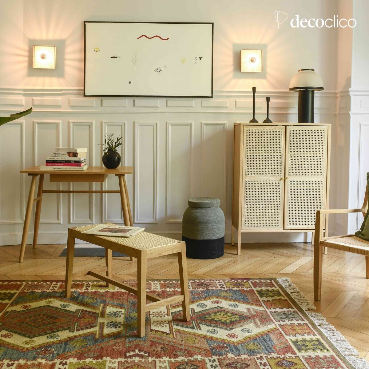 Rectangular cotton and wool rug with hand-woven colorful kilim patterns 140 x 20 Fro