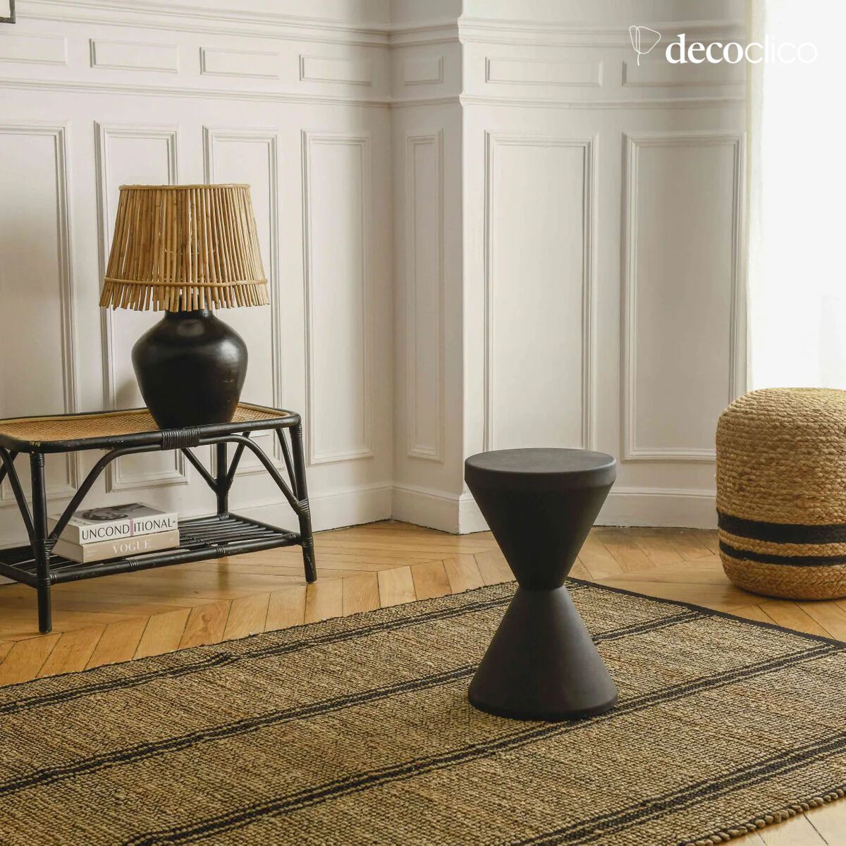 Rectangular mat in hand-woven ecru and black braided jute and cotton 200 x 300 cm Bergen