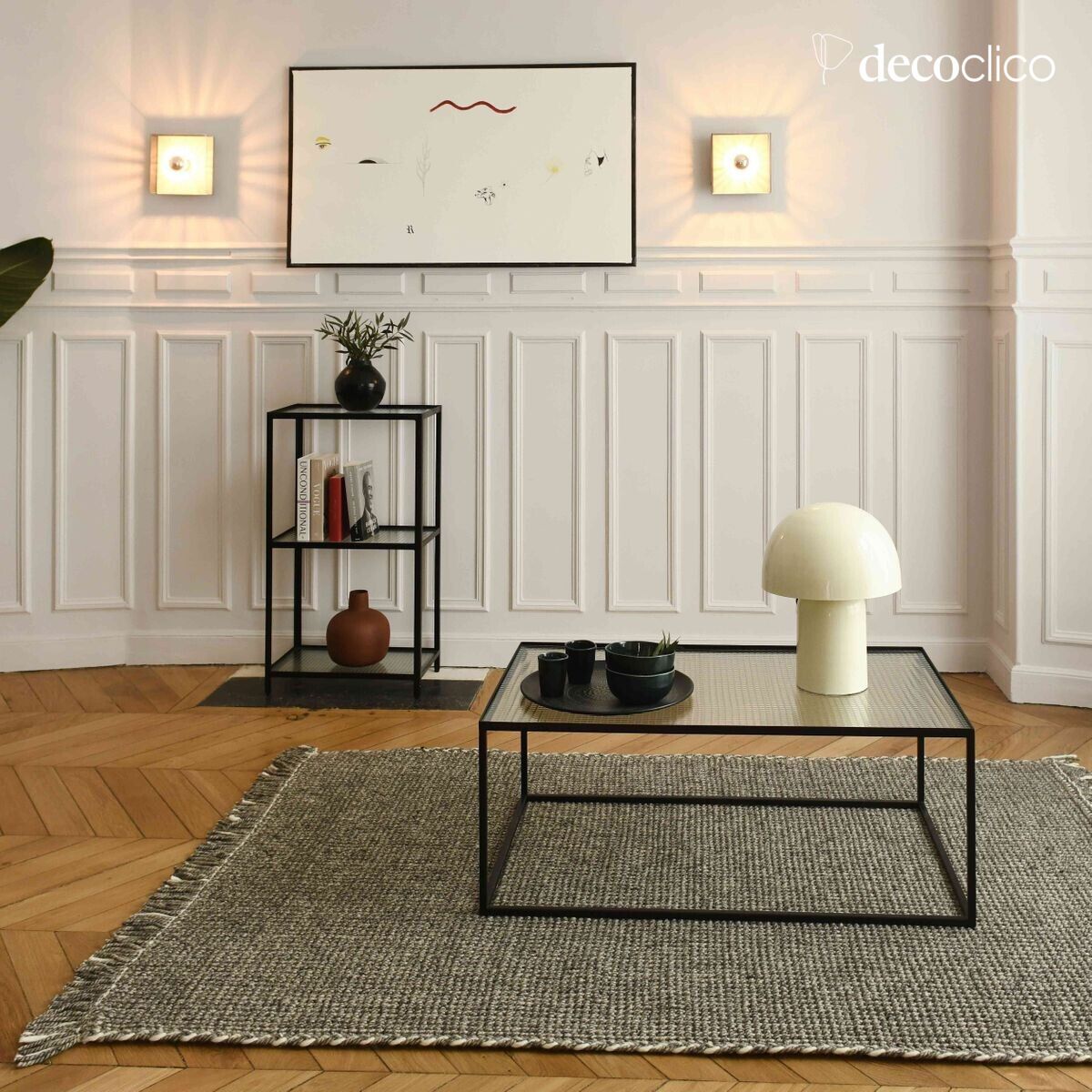 Rectangular mat in hand-woven ecru and gray braided wool, 160 x 230 cm Fro