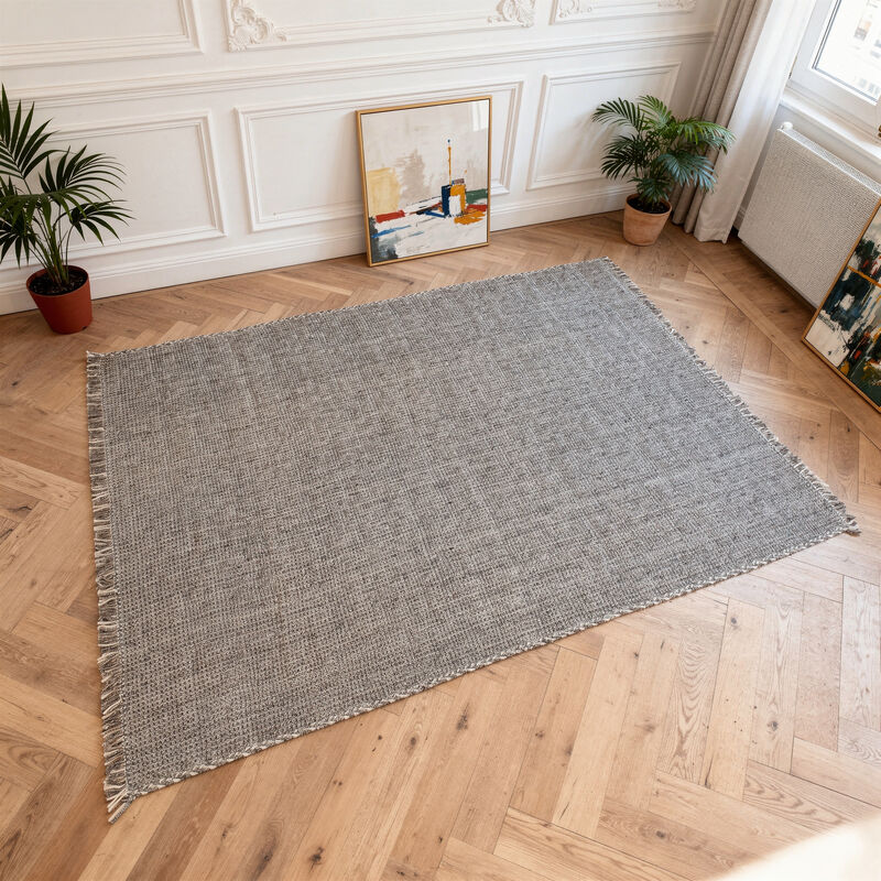 Rectangular mat in hand-woven ecru and gray braided wool, 200 x 300 cm Mickey