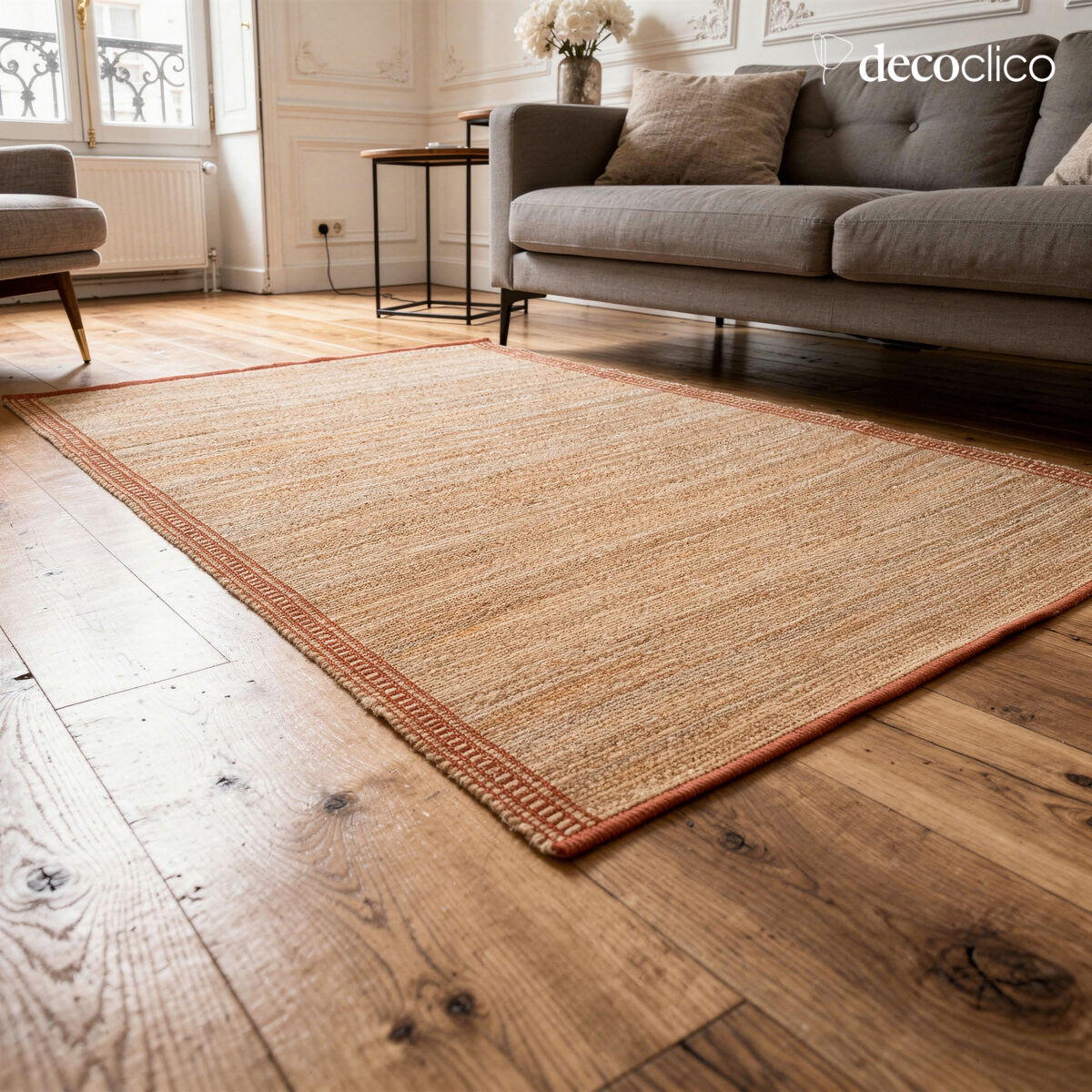 Rectangular mat in natural jute and hand-woven terracotta cotton 160 x 230 cm Vaiana