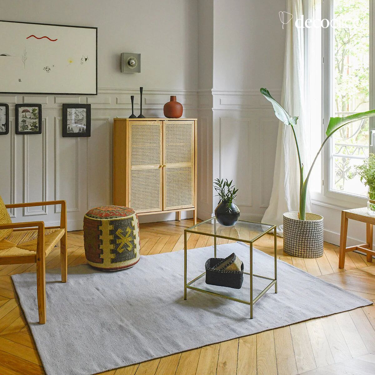 Rectangular mat in pearl gray hand-woven recycled fibers, indoor/outdoor, 160 cm Moka