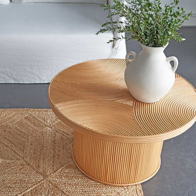 Round low table in laminated rattan, diameter 80 cm