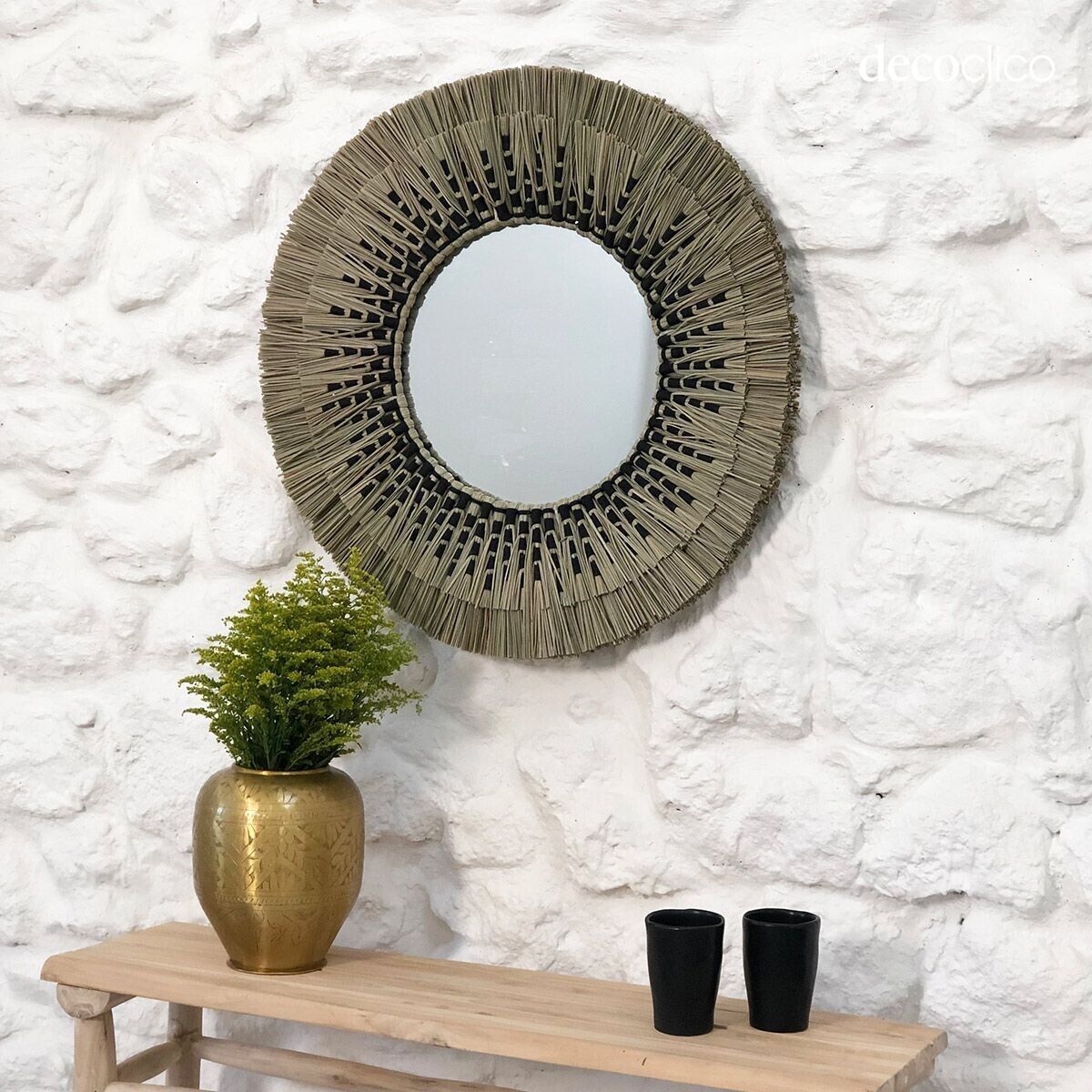 Round mirror in natural and black mendong straw 60 cm  Sorong