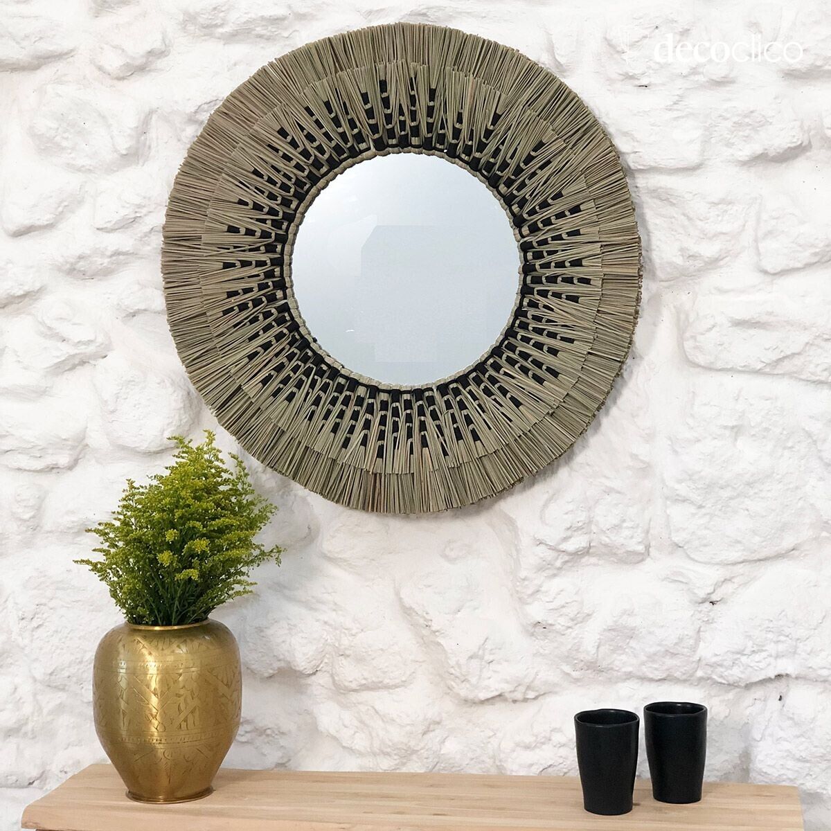 Round mirror in natural and black mendong straw 60 cm  Sorong