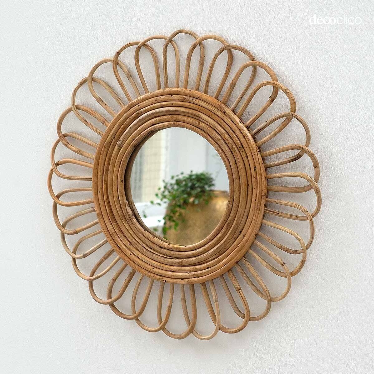 Round mirror, vintage flower, natural rattan, 48 cm  Moka