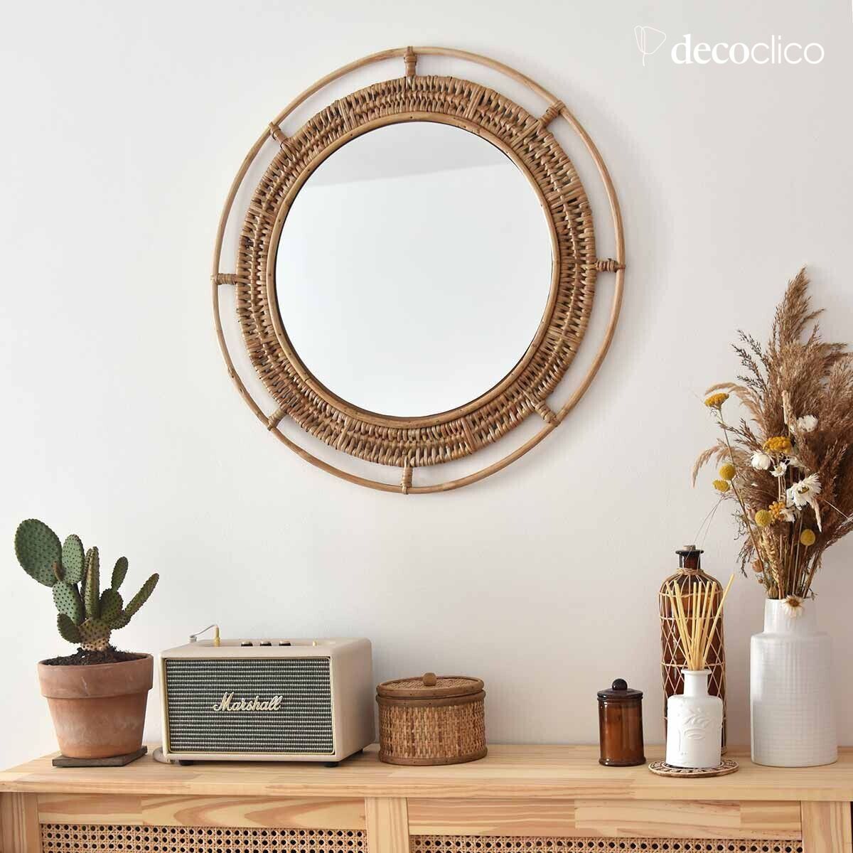 Round natural rattan mirror 60 cm Moka