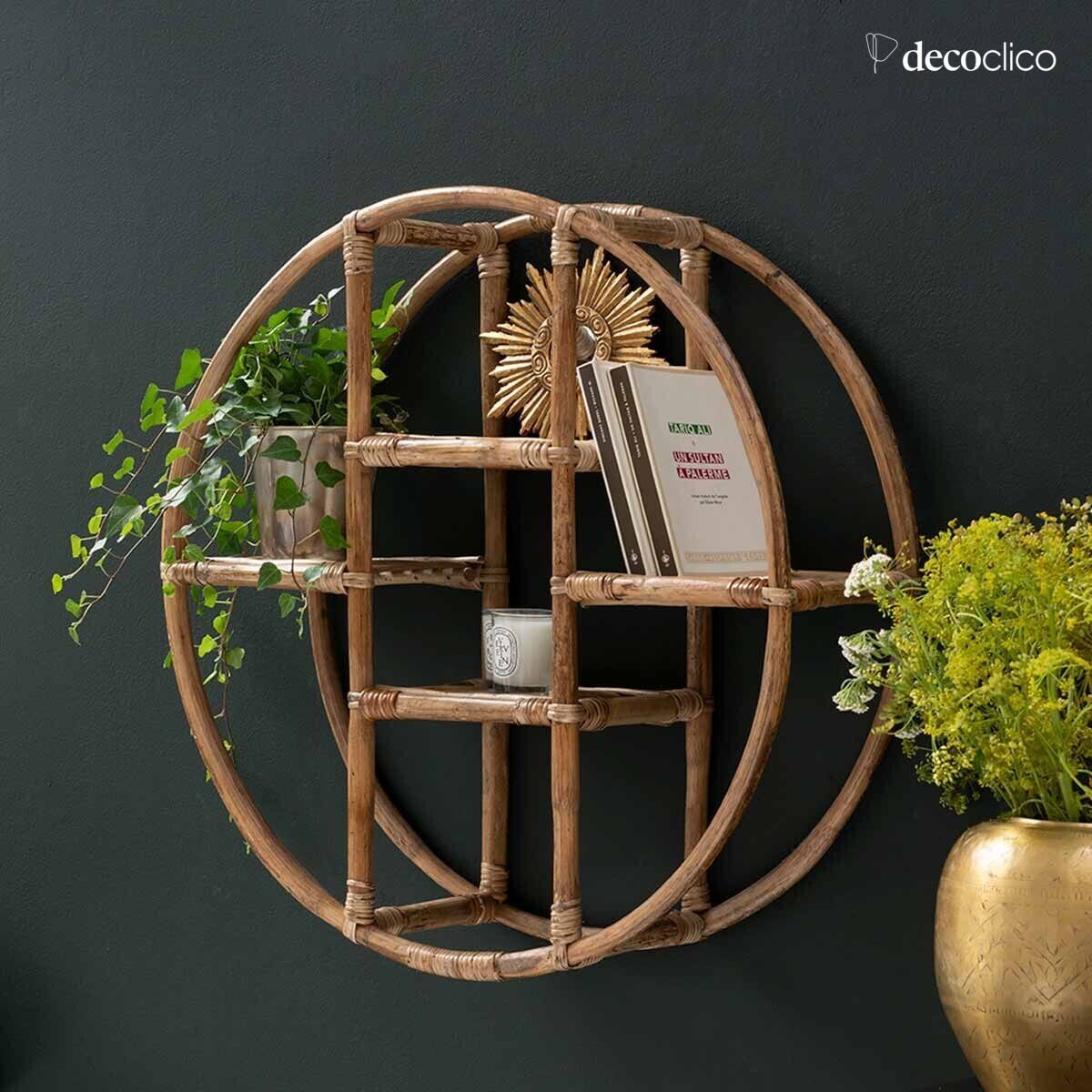 Round vintage-style rattan wall shelf