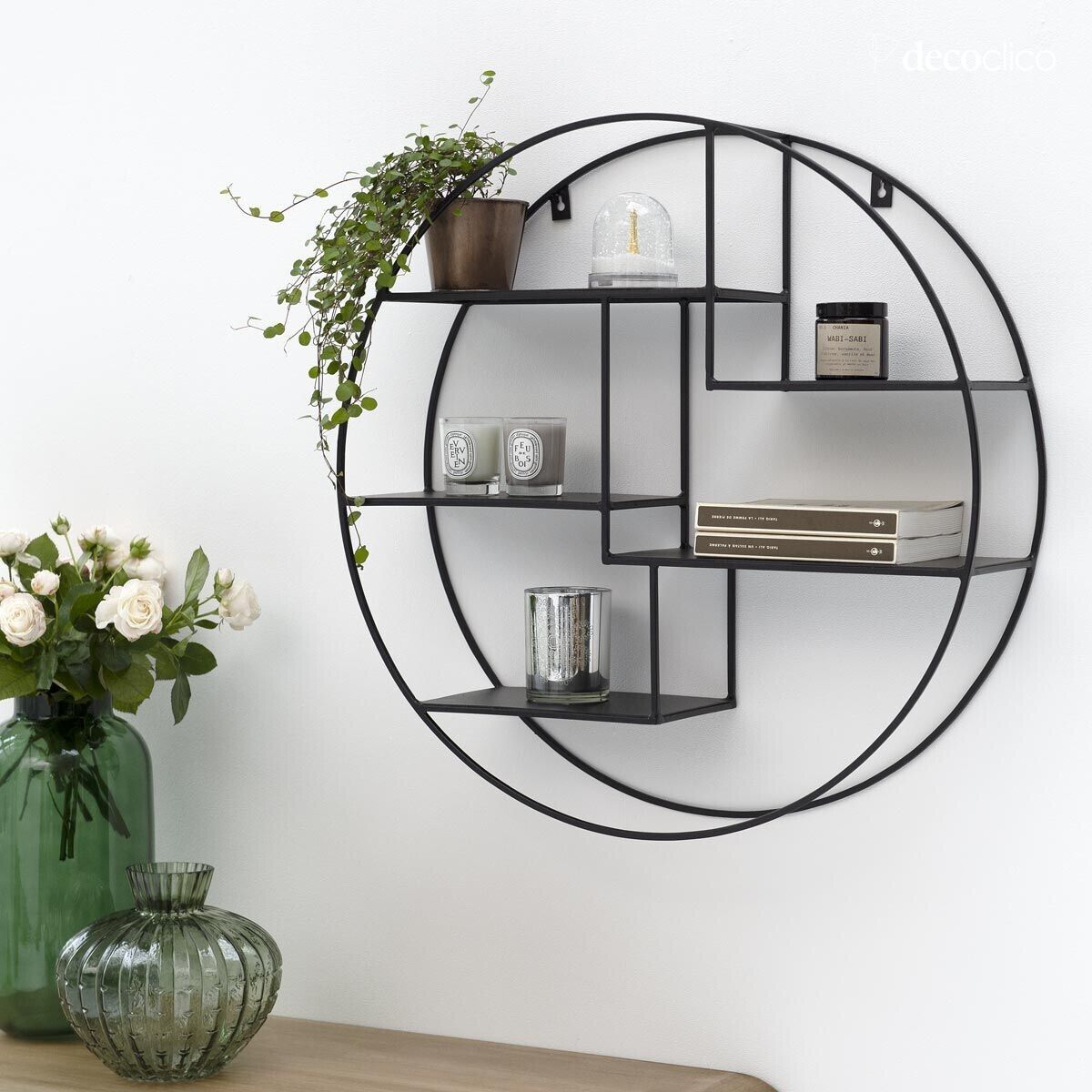 Round wall shelf in black-finished wire-mesh metal, 60 cm Uptown