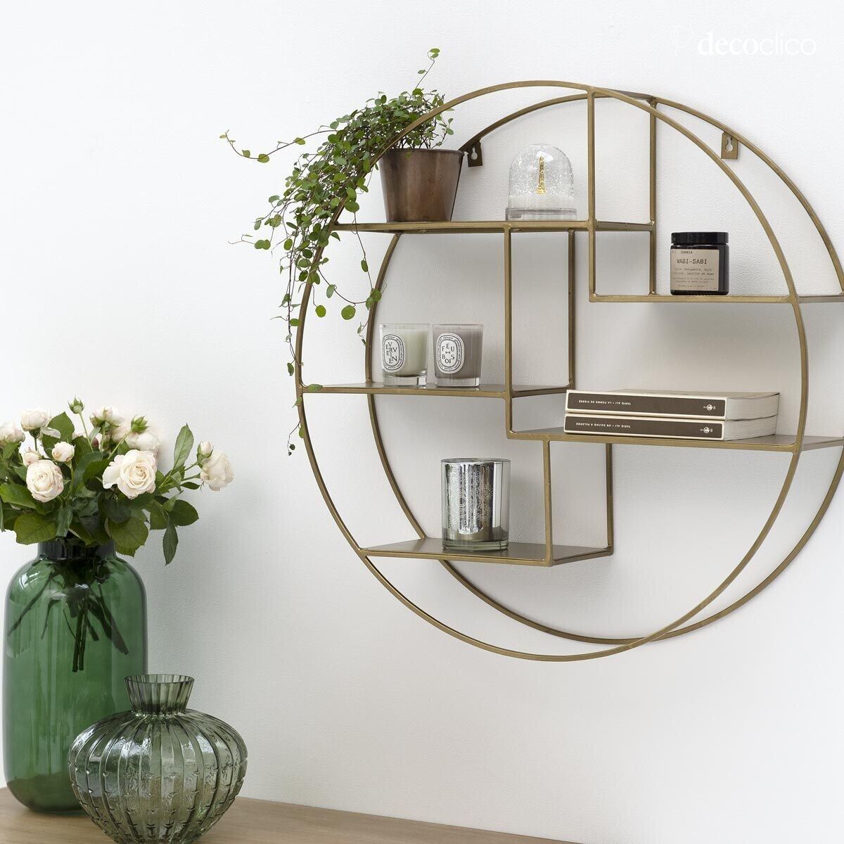 Round wall shelf in metal with wire and antique finish Uptown