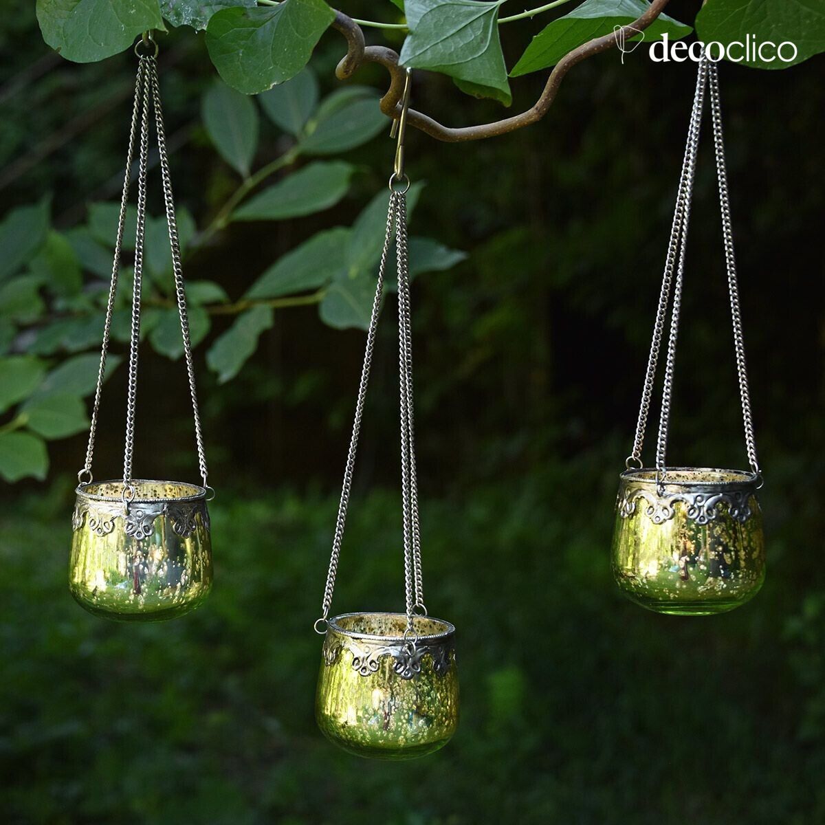 Set de 3 candelabros indios de vidrio con mercurio para colgar