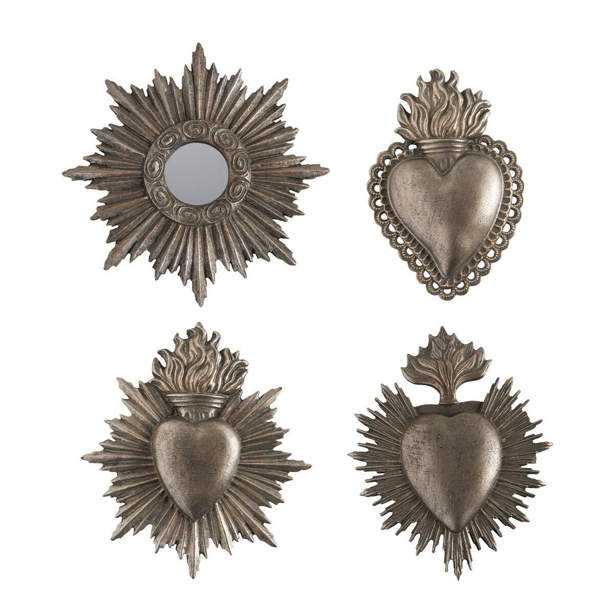 Set de 4 décorations murales Ex Voto et miroir baroque silver