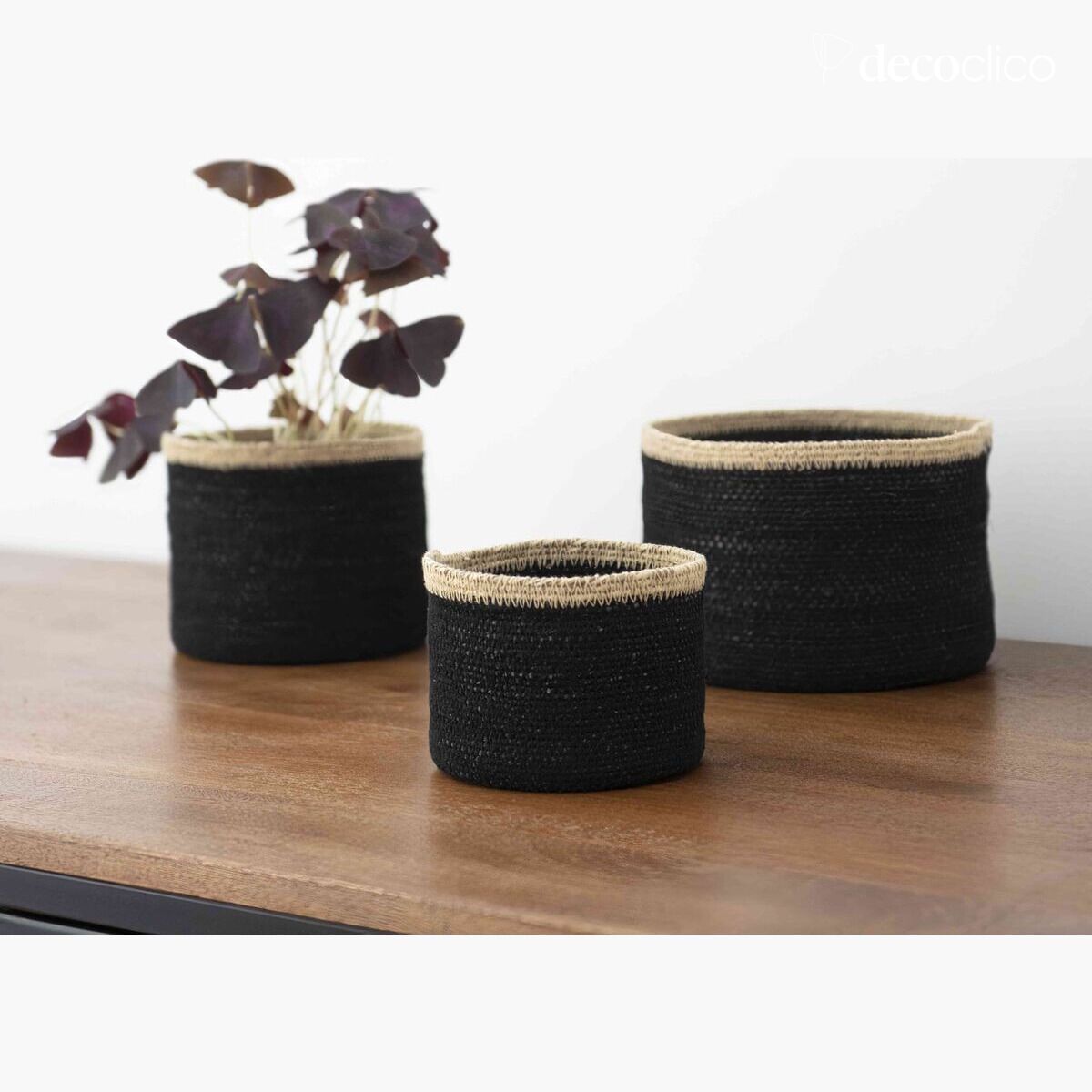 Set of 3 black seagrass boxes with natural edging  Bayadère Casatera