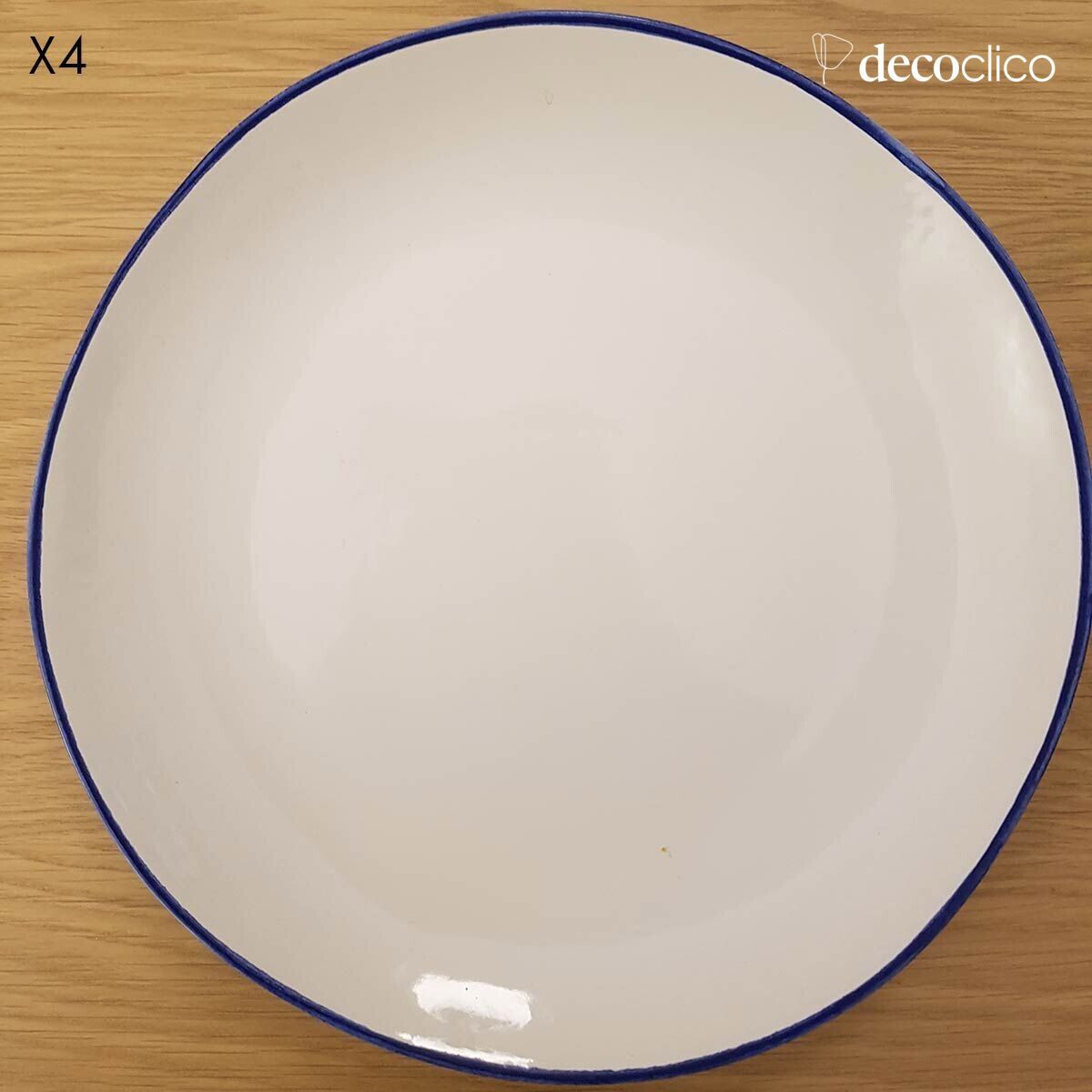 Set of 4 white ceramic dinner plates with blue border  Baltique