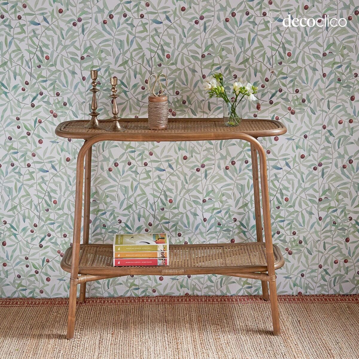 Two-tiered console in rattan and brown cane Rosalie