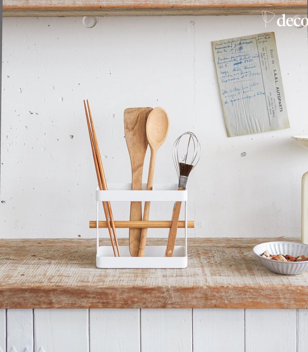 Utensil rack in white steel and natural ash Tosca