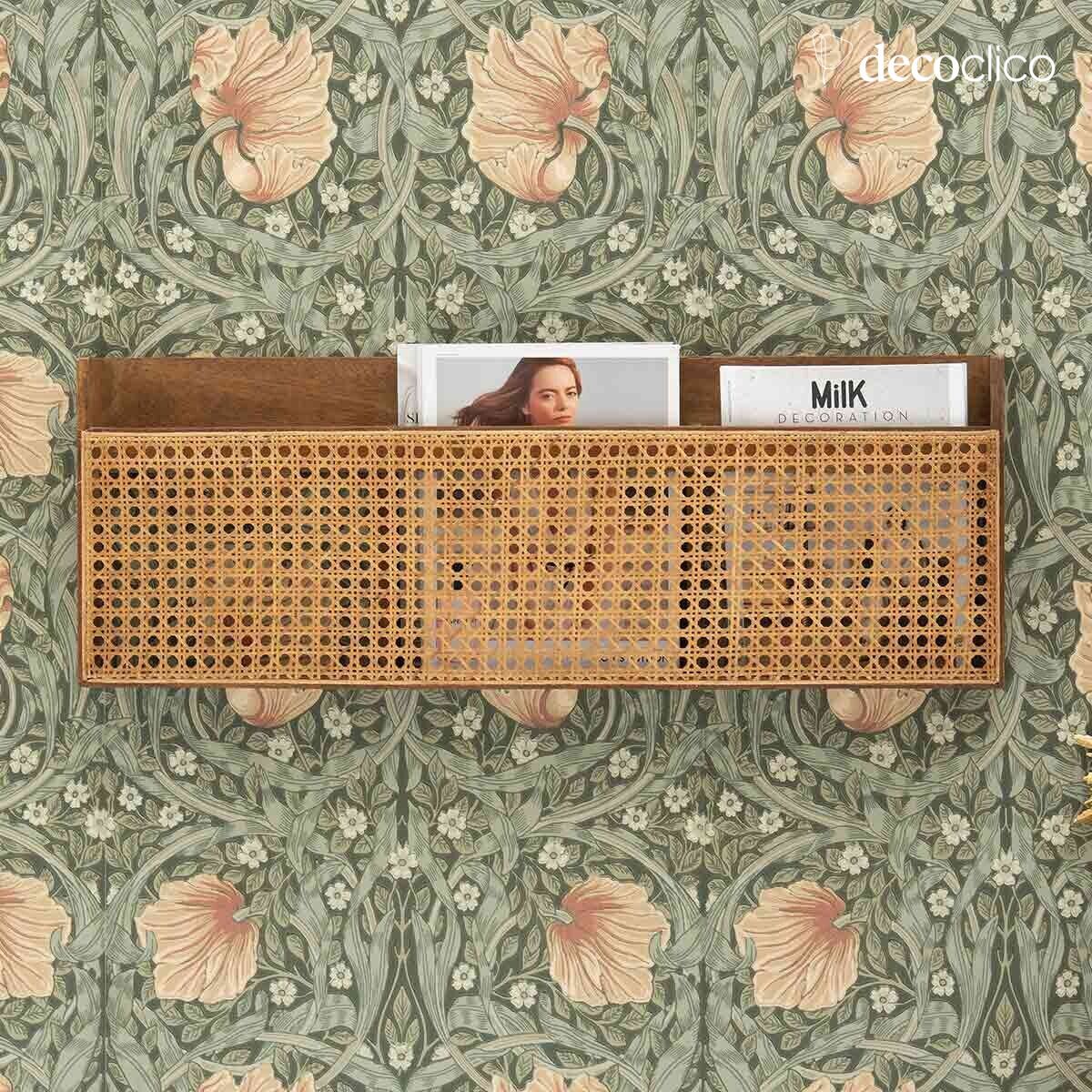 Wall-mounted magazine rack in mango wood with vintage cane Georges