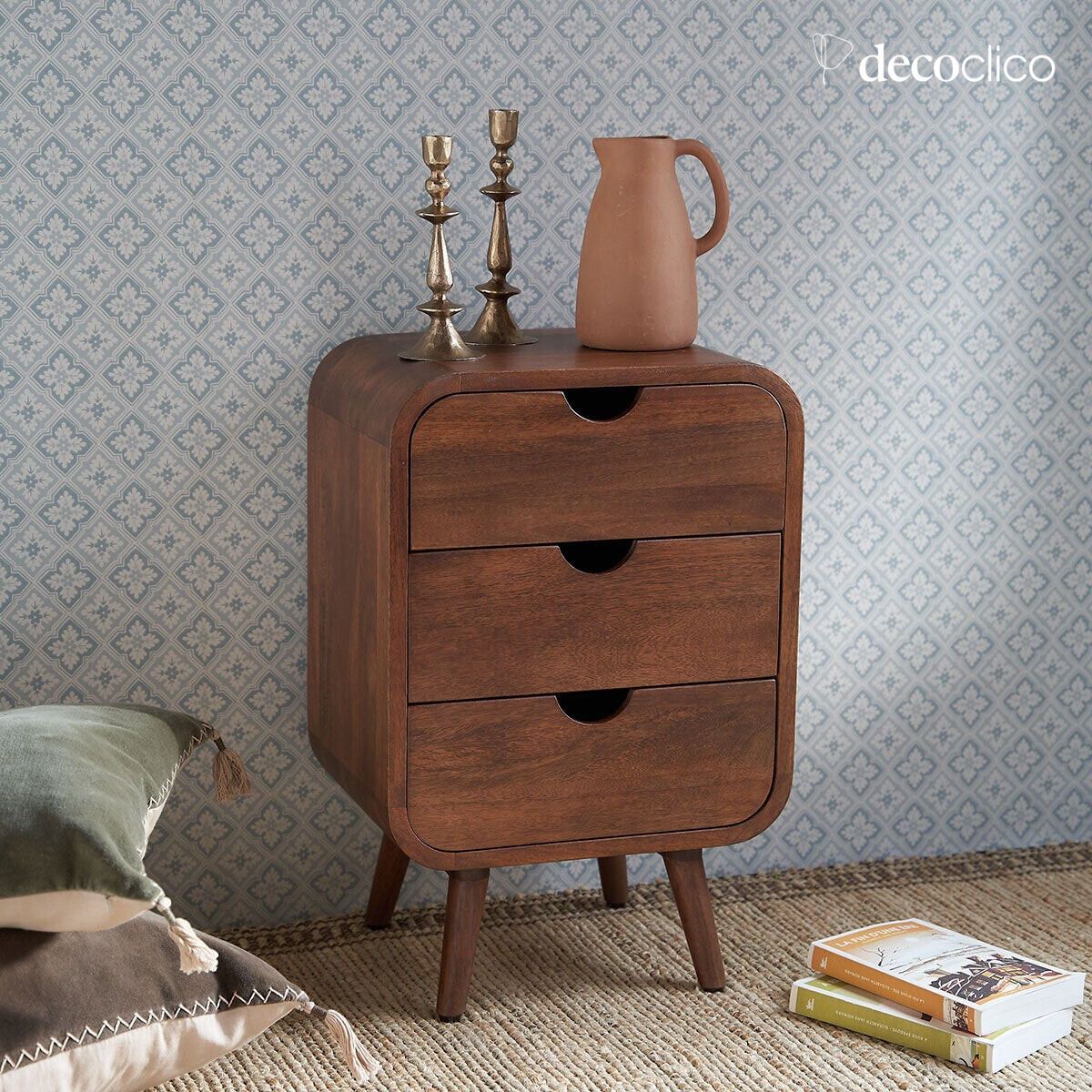 Walnut-stained mango wood bedside table with 3 drawers Hanko